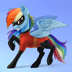 Size: 2112x2110 | Tagged: safe, artist:taneysha, character:rainbow dash, species:pegasus, species:pony, clothing, cosplay, costume, crossover, dash parr, disney, female, mare, namesake, pixar, pun, raised hoof, simple background, solo, superhero, the incredibles, wings