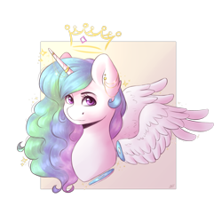Size: 2000x2000 | Tagged: safe, artist:spirit-dude, character:princess celestia, species:alicorn, species:pony, bust, crown, ear piercing, female, horn, horn ring, jewelry, looking at you, mare, piercing, regalia, solo, wings