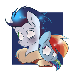 Size: 1026x1046 | Tagged: safe, artist:drawbauchery, character:rainbow dash, character:soarin', species:pegasus, species:pony, ship:soarindash, abstract background, blushing, bomber jacket, clothing, female, jacket, male, mare, shipping, smiling, stallion, straight