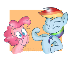Size: 1137x896 | Tagged: safe, artist:drawbauchery, character:pinkie pie, character:rainbow dash, species:earth pony, species:pegasus, species:pony, ship:pinkiedash, blushing, female, flexing, lesbian, mare, muscles, shipping