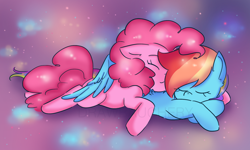 Size: 1376x828 | Tagged: safe, artist:drawbauchery, character:pinkie pie, character:rainbow dash, species:earth pony, species:pegasus, species:pony, ship:pinkiedash, cuddling, cute, dashabetes, diapinkes, female, lesbian, mare, shipping, sleeping, wing blanket