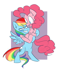 Size: 1168x1417 | Tagged: safe, artist:drawbauchery, character:pinkie pie, character:rainbow dash, species:earth pony, species:pegasus, species:pony, ship:pinkiedash, blushing, carrying, female, lesbian, looking at each other, mare, shipping, smiling