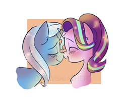 Size: 947x734 | Tagged: safe, artist:drawbauchery, character:starlight glimmer, character:trixie, species:pony, species:unicorn, ship:startrix, blushing, boop, cute, diatrixes, eyes closed, female, glimmerbetes, lesbian, mare, noseboop, shipping, smiling, weapons-grade cute
