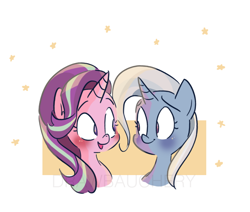Size: 760x643 | Tagged: safe, artist:drawbauchery, character:starlight glimmer, character:trixie, species:pony, species:unicorn, ship:startrix, blushing, cute, diatrixes, female, glimmerbetes, lesbian, looking at each other, mare, shipping