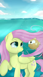 Size: 2160x3840 | Tagged: safe, artist:dashy21, character:fluttershy, species:bird, species:pegasus, species:pony, cloud, female, fish, holding breath, mare, sky, underwater, watershy, wings