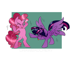 Size: 1280x1020 | Tagged: safe, artist:dippin-dott, artist:drawbauchery, edit, character:pinkie pie, character:twilight sparkle, character:twilight sparkle (alicorn), species:alicorn, species:earth pony, species:pony, ship:twinkie, adorkable, color edit, colored, cute, dancing, do the sparkle, dork, eyes closed, female, lesbian, mlem, pinkie dances with mares, shipping, silly, tongue out