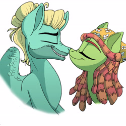 Size: 4860x4848 | Tagged: safe, artist:celestial-rainstorm, character:tree hugger, character:zephyr breeze, species:pony, absurd resolution, bust, clothing, couple, female, headscarf, male, nuzzling, portrait, scarf, shipping, simple background, straight, white background, zephyrhugger