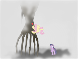 Size: 1920x1441 | Tagged: safe, artist:eagle1division, character:fluttershy, character:twilight sparkle, character:twilight sparkle (unicorn), species:pegasus, species:pony, species:unicorn, alien, arrival (movie), crossover, female, floppy ears, flying, fog, heptapod b, hug, mare, raised hoof, scared, trio