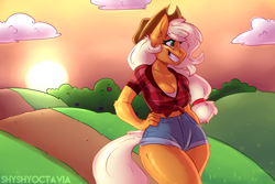Size: 3000x2000 | Tagged: safe, artist:shyshyoctavia, character:applejack, species:anthro, species:earth pony, species:pony, breasts, busty applejack, cleavage, clothing, cowboy hat, female, front knot midriff, hat, midriff, plaid, shorts, smiling, solo, stetson, sun, sunset