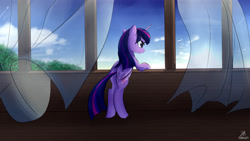 Size: 3840x2160 | Tagged: safe, artist:dashy21, character:twilight sparkle, character:twilight sparkle (alicorn), species:alicorn, species:pony, species:seagull, curtains, female, solo, window