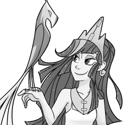 Size: 800x800 | Tagged: safe, artist:thelivingmachine02, character:philomena, character:twilight sparkle, species:phoenix, armpits, costume, grayscale, humanized, monochrome, simple background, white background