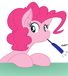 Size: 1920x2134 | Tagged: safe, artist:eagle1division, artist:reiduran, character:pinkie pie, species:pony, ear fluff, female, looking at you, mare, mouth hold, party horn, simple background, smiling, solo, transparent background, vector