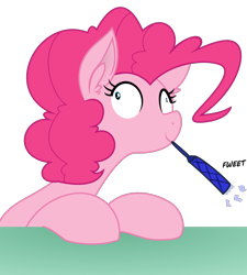Size: 972x1080 | Tagged: safe, artist:eagle1division, artist:reiduran, character:pinkie pie, species:pony, derp, ear fluff, faec, female, mare, mouth hold, party horn, silly, silly pony, simple background, smiling, solo, transparent background, vector