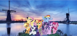 Size: 2048x965 | Tagged: safe, artist:php77, editor:php77, character:applejack, character:fluttershy, character:pinkie pie, character:rainbow dash, character:rarity, character:spike, character:starlight glimmer, character:sunset shimmer, character:twilight sparkle, character:twilight sparkle (alicorn), species:alicorn, species:pony, my little pony: the movie (2017), irl, netherlands, photo, ponies in real life, wallpaper, water, windmill