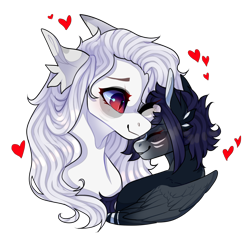 Size: 1164x1106 | Tagged: safe, artist:skimea, oc, oc only, oc:kama, species:pegasus, species:pony, bust, female, heart, mare, mother and daughter, nuzzling, simple background, transparent background