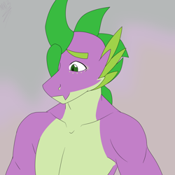 Size: 1688x1688 | Tagged: safe, artist:moonakart13, artist:moonaknight13, character:spike, clothing, freckles, looking down, muscles, partial nudity, scales, smiling, topless