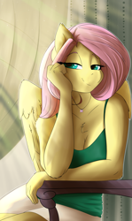 Size: 4000x6700 | Tagged: safe, artist:huckser, character:fluttershy, species:anthro, species:pegasus, species:pony, breasts, cleavage, clothing, female, jewelry, lidded eyes, mare, necklace, sitting, smiling, solo