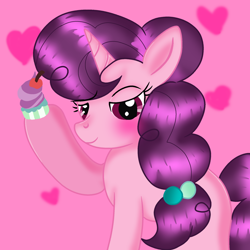 Size: 2048x2048 | Tagged: safe, artist:doraeartdreams-aspy, character:sugar belle, species:pony, species:unicorn, bedroom eyes, blushing, cupcake, female, food, heart, heart background, mare, missing cutie mark, smiling, solo