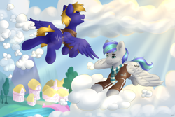 Size: 3000x2000 | Tagged: safe, artist:spirit-dude, oc, oc only, oc:cloud quake, oc:storm feather, species:pegasus, species:pony, clothing, cloud, cloud busting, duo, flying, jacket, male, ponyville, scarf, stallion, weather team, working