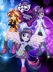Size: 1039x1394 | Tagged: safe, artist:php77, editor:php77, character:sunset shimmer, character:twilight sparkle, character:twilight sparkle (alicorn), character:twilight sparkle (scitwi), species:alicorn, species:eqg human, species:pony, my little pony:equestria girls, box art, equestria girls plus, my little pony logo