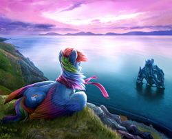 Size: 4600x3713 | Tagged: safe, artist:gaelledragons, character:rainbow dash, species:pegasus, species:pony, beautiful, cliff, clothing, cloud, cloudy, coast, colored wings, colored wingtips, detailed, ear fluff, facing away, featured on derpibooru, female, gradient wings, grass, iceland, looking at something, mare, mountain, mountain range, multicolored wings, ocean, prone, rear view, scarf, scenery, scenery porn, sky, solo, windswept mane, wing fluff, wings