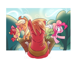 Size: 3896x3121 | Tagged: safe, artist:drawbauchery, character:apple bloom, character:applejack, character:big mcintosh, character:granny smith, character:pinkie pie, species:earth pony, species:pony, episode:pinkie apple pie, g4, my little pony: friendship is magic, apples to the core, clothing, cowboy hat, eyes closed, female, filly, hat, male, mare, scene interpretation, smiling, stallion, stetson, tree