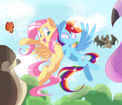 Size: 3152x2726 | Tagged: safe, artist:drawbauchery, character:fluttershy, character:rainbow dash, species:bat, species:pegasus, species:pony, episode:may the best pet win, g4, my little pony: friendship is magic, butterfly, duo, duo female, falcon, female, flamingo, flying, mare, monarch butterfly, peregrine falcon, scene interpretation, sky, smiling, spread wings, tree, wings
