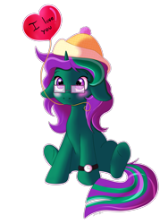 Size: 3000x4000 | Tagged: safe, artist:zobaloba, oc, oc only, oc:buggy code, species:pony, balloon, blushing, commission, cute, female, floppy ears, glasses, heart, i love you, mare, simple background, solo, transparent background, watch, ych result