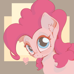 Size: 1343x1343 | Tagged: safe, artist:ruby, character:pinkie pie, species:pony, chest fluff, cute, female, freckles, heart, looking at you, mare, solo