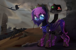 Size: 6562x4320 | Tagged: safe, artist:taneysha, oc, oc only, oc:bitmaker, species:bat pony, fallout equestria, absurd resolution, clothing, enclave armor, fallout, gun, male, solo, wasteland, weapon