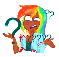 Size: 500x479 | Tagged: safe, artist:drawbauchery, artist:g-a-y-g-o-y-l-e, edit, character:rainbow dash, species:human, color edit, colored, dark skin, female, humanized, multicolored hair, question mark, simple background, solo, transparent background