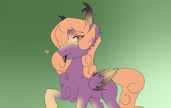 Size: 1900x1200 | Tagged: safe, artist:moonakart13, artist:moonaknight13, oc, oc:sunstream, species:changeling, species:pegasus, species:pony, changeling oc, curly hair, disguise, disguised changeling, horned wing, markings, tongue out