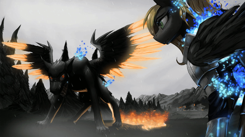 Size: 800x450 | Tagged: safe, artist:nsilverdraws, oc, oc only, oc:eldin heilagur, oc:veen sundown, species:demon pony, species:pegasus, species:pony, animated, armor, battlefield, big wings, blonde, buff, building, burning, cinemagraph, cloud, cloudy, demon, demon hunter, detailed, detailed background, dramatic, duo, female, fight, fire, glowing eyes, glowing wings, green eyes, holy fire, horse, majestic, male, mansion, mare, muscles, ponytail, rain, red eyes, stallion, sundown clan, tree, wings