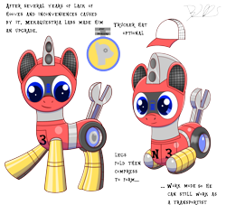 Size: 2024x1840 | Tagged: safe, artist:trackheadtherobopony, oc, oc only, oc:trackhead, species:pony, logo, original species, reference sheet, robot, robot pony, signature, simple background, solo, text, transformation, transparent background, trucker hat, wheelpone