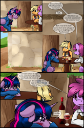Size: 1280x1947 | Tagged: safe, artist:stuflox, character:applejack, character:berry punch, character:berryshine, character:twilight sparkle, character:twilight sparkle (alicorn), species:alicorn, species:pony, comic:the count of monte rainbow, alcohol, blood, caderousse, clothing, comic, danglajacks, magic, mondego, monsparkle, the count of monte cristo, the count of monte rainbow, wine