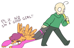 Size: 1000x649 | Tagged: safe, artist:synnibear03, character:scootaloo, oc, oc:ponytale scootaloo, species:anthro, species:pegasus, species:pony, comic:ponytale, abuse, baldi, baldi's basics in education and learning, crying, dragging, imminent spanking, ruler, scootabuse, simple background, transparent background