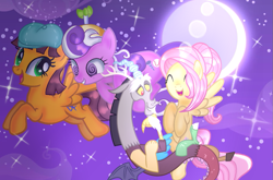 Size: 903x595 | Tagged: safe, artist:doraeartdreams-aspy, character:discord, character:fluttershy, character:screwball, oc, oc:disneyfanatic2364, ship:discoshy, clothing, cute, cuteball, discute, female, flying, hat, male, moon, shipping, sky, sparkles, straight