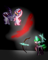 Size: 1200x1503 | Tagged: safe, artist:chazmazda, oc, oc only, oc:charlie gallaxy-starr, ponysona, species:alicorn, species:pony, species:unicorn, alicorn oc, arrow, arrows, bow, bow (weapon), bow and arrow, error, fight, flat color, flying, fullbody, glitch, glow, highlight, horn, magic, magic arrow, oultine, outline, shade, shading, weapon, wings