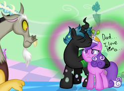 Size: 911x670 | Tagged: safe, artist:doraeartdreams-aspy, base used, character:discord, character:screwball, oc, oc:mothball, parent:discord, parent:queen chrysalis, species:changeling, species:earth pony, species:pony, fanfic:daughter of discord, canon x oc, changeling oc, crying, dialogue, digital art, female, male, mare, next generation, offspring, offspring shipping, shipping, straight