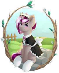 Size: 2448x3000 | Tagged: safe, artist:spirit-dude, oc, oc only, oc:shadow mark, species:pony, species:unicorn, clothing, crossdressing, maid, male, simple background, sitting, solo, stairs, stallion, transparent background