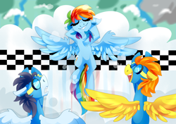 Size: 3400x2400 | Tagged: safe, artist:nekosnicker, character:rainbow dash, character:soarin', character:spitfire, species:pegasus, species:pony, clothing, cloud, eyes closed, female, finish line, flying, goggles, male, mare, race, racing, stallion, uniform, wonderbolts uniform