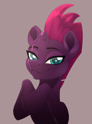 Size: 2015x2702 | Tagged: safe, artist:taneysha, character:fizzlepop berrytwist, character:tempest shadow, species:pony, species:unicorn, my little pony: the movie (2017), broken horn, eye scar, female, hooves to the chest, looking at you, mare, scar, simple background, smiling, solo, when she smiles