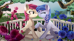 Size: 3840x2160 | Tagged: safe, artist:taneysha, character:roseluck, oc, oc:raylanda, species:earth pony, species:pony, architecture, balcony, boop, building, bush, canon x oc, cute, eyes closed, female, flower, gazebo, grass field, happy, hill, hoof hold, lesbian, lidded eyes, loving, mare, noseboop, pavilion, petals, porch, raised hoof, raised leg, river, rose, rose bush, rose petals, scrunchy face, shipping, sitting, sky, smiling, tree, underhoof, vegetation, wallpaper, water, waterfall, wooden, wooden fence, wooden floor