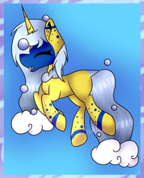 Size: 456x563 | Tagged: safe, artist:chazmazda, oc, oc only, species:pony, species:unicorn, art trade, border, bubble, cloud, floating, fullbody, horn, markings, shade, shading, simple background, solo, water, waterfall