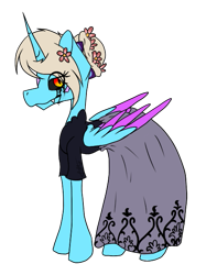 Size: 475x604 | Tagged: safe, artist:chazmazda, oc, oc only, oc:charlie gallaxy-starr, ponysona, species:alicorn, species:griffon, species:pony, alicorn oc, clothing, colored wings, dress, fangs, flat color, flower, fullbody, gradient wings, horn, markings, outline, simple background, solo, transparent background, victorian, wings
