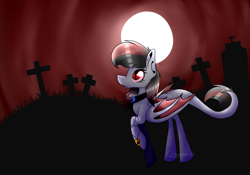 Size: 1100x768 | Tagged: safe, artist:chazmazda, oc, oc only, oc:black heart, species:bat pony, commission, flat color, fullbody, grave, gravestone, graveyard, jewelry, long tail, moon, necklace, outline, shade, shading, solo, vampire, wings
