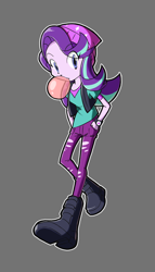 Size: 630x1100 | Tagged: safe, artist:rvceric, character:starlight glimmer, my little pony:equestria girls, bubblegum, female, food, gray background, gum, hands in pockets, looking at you, simple background, solo