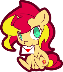 Size: 514x592 | Tagged: safe, artist:rvceric, character:sunset shimmer, species:pony, species:unicorn, episode:hearts and hooves day, g4, my little pony: friendship is magic, my little pony:equestria girls, blushing, bunny sitting, chibi, cute, envelope, female, heart, holiday, letter, love letter, mare, shimmerbetes, simple background, sitting, solo, transparent background, valentine's day