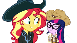 Size: 1280x720 | Tagged: safe, artist:php77, editor:php77, character:sunset shimmer, character:twilight sparkle, character:twilight sparkle (scitwi), species:eqg human, episode:five to nine, g4, my little pony: equestria girls, my little pony:equestria girls, clothing, cowboy hat, cowgirl, cowgirl outfit, cute, duo, hat, shimmerbetes, simple background, stetson, transparent background, twiabetes