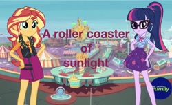 Size: 2048x1242 | Tagged: safe, artist:php77, editor:php77, character:sunset shimmer, character:twilight sparkle, character:twilight sparkle (scitwi), species:eqg human, equestria girls:rollercoaster of friendship, g4, my little pony: equestria girls, my little pony:equestria girls, equestria land, geode of empathy, geode of telekinesis, magical geodes